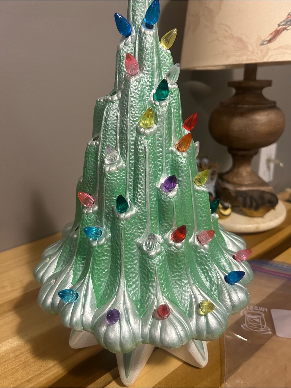 Vintage 70’s Lava Ceramic Xmas Tree, Base, Light Bulbs